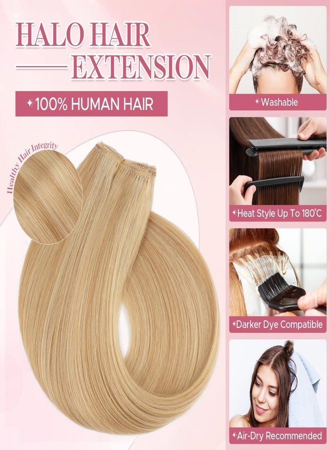SEGO Halo Hair Extensions Real Human Hair Remy Straight Invisible Wire Hair Extensions for Women Transparent Fish Line Adjustable Size -20 Inch 70g #18RP613R Ash Blonde&Bleach Blonde - Image 4